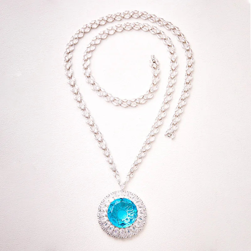 Rhodium Plated Navy Blue Grand Exaggerated Design Treasure Long Necklace Trendy Zircon Inlay for Men Women's Party Mainly Made