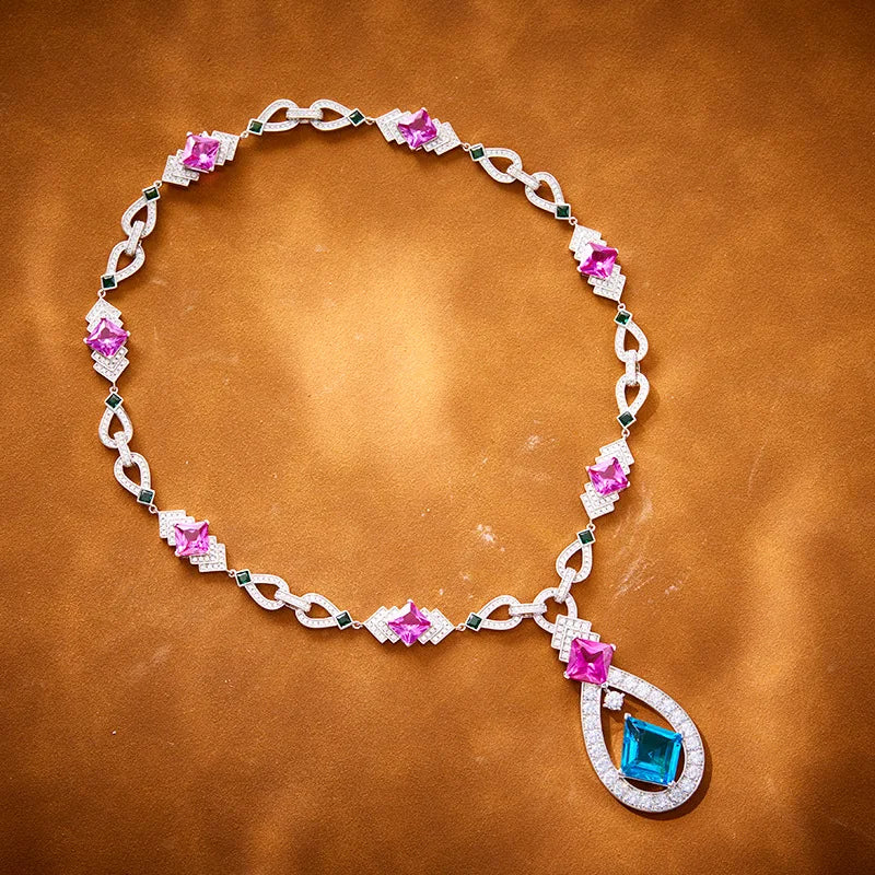 Exquisite Natural Sapphire Necklace Retro Water Droplet Pendant Geometric Gold Jewelry Women's Engagement Rhodium