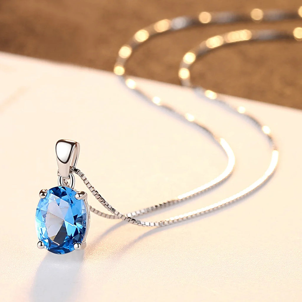 Amazon's New Classic Link Chain S925 Sterling Silver Blue Topaz Pendant Necklace with Niche Jewelry Box Simple Design for Women