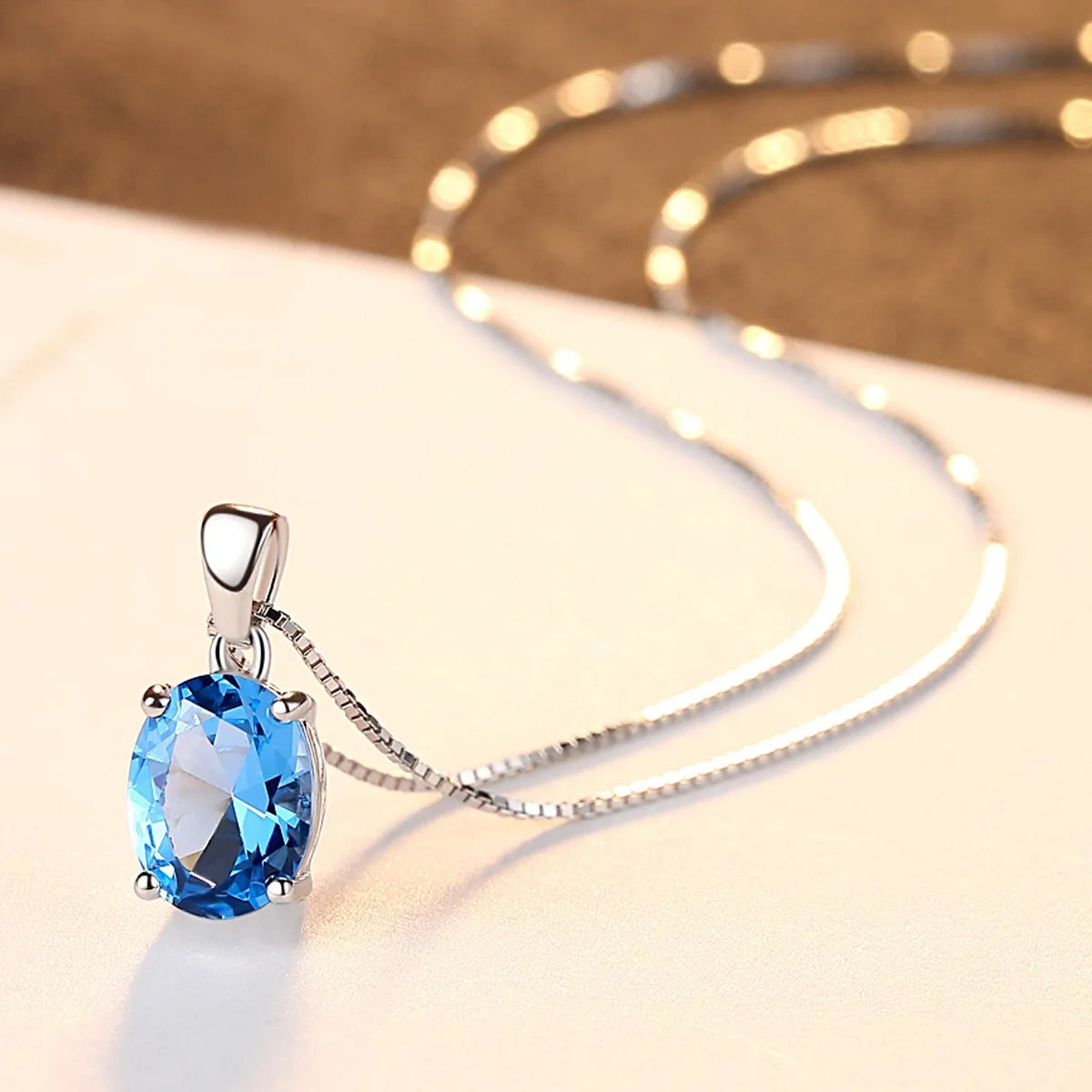 Amazon's New Classic Link Chain S925 Sterling Silver Blue Topaz Pendant Necklace with Niche Jewelry Box Simple Design for Women