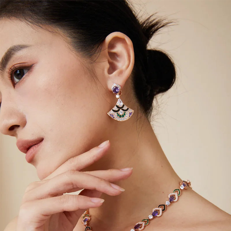 High-End Elegant Ladies Evening Dangle Earrings New Violet Fan-Shaped Gold-Plated Black Glaze for Foreign Trade Cross-Border