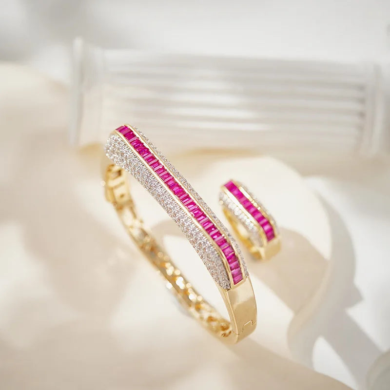 Champagne Plated Straight Shaped Bracelet with Red Zircon Plating High-End Fashionable Jewelry Accessories Men Women Engagement