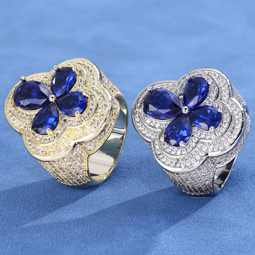 Blue Gemstone Flower Shape Rings White Gold Plated Hip Hop Style Iced Four Leaf Diamond Ring for Women Made Brass for Engagement