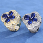Blue Gemstone Flower Shape Rings White Gold Plated Hip Hop Style Iced Four Leaf Diamond Ring for Women Made Brass for Engagement