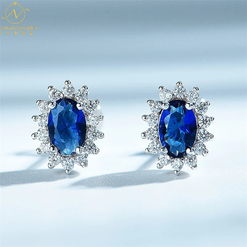 Luxury Rhinestone Blue Zircon Earrings Trendy Sterling Silver Hoop Earrings for Women Floral Shape Pattern Fashion Jewelry
