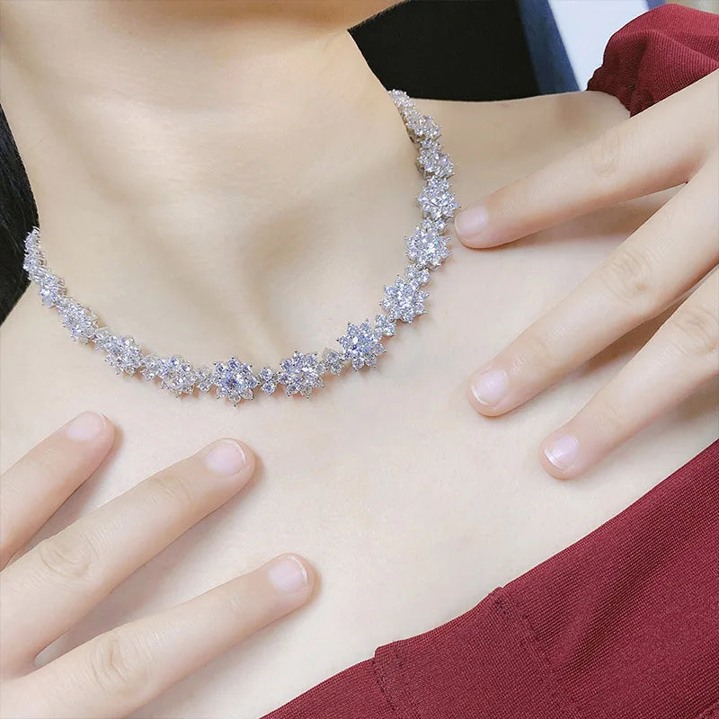 Flower Shape Tennis  Necklace Cubic Zirconia Brass Tennis Chain Rhodium Plated Tennis  Necklace  for Girls