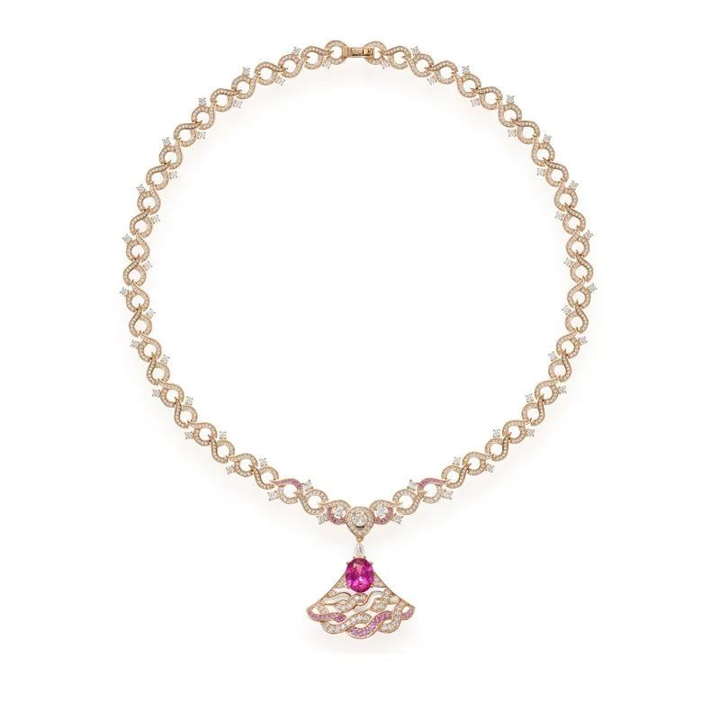 Champagne Plated Pink Fan Pendant Necklace Exquisite Fashionable Necklace for Wedding Party Charming Bride Girlfriend Gift