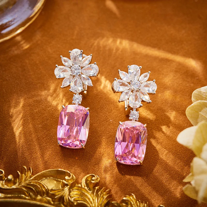 18K Gold-Plated Fine Dangle Earrings Gentle Pink/Yellow Square Diamond Geometric Petal Designs Stylish Atmospheric
