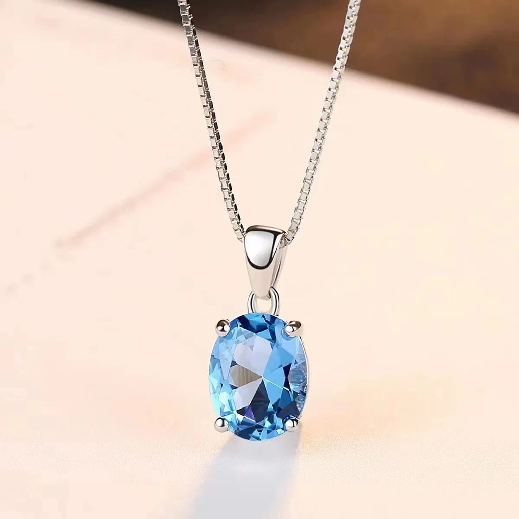 Amazon's New Classic Link Chain S925 Sterling Silver Blue Topaz Pendant Necklace with Niche Jewelry Box Simple Design for Women