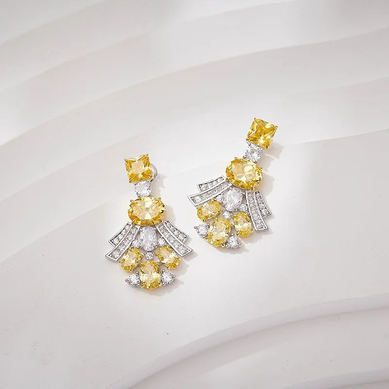 18K Gold-Plated European American Style Yellow Diamond Earrings High-End Luxurious Square Diamonds Medium Long Drop Women's