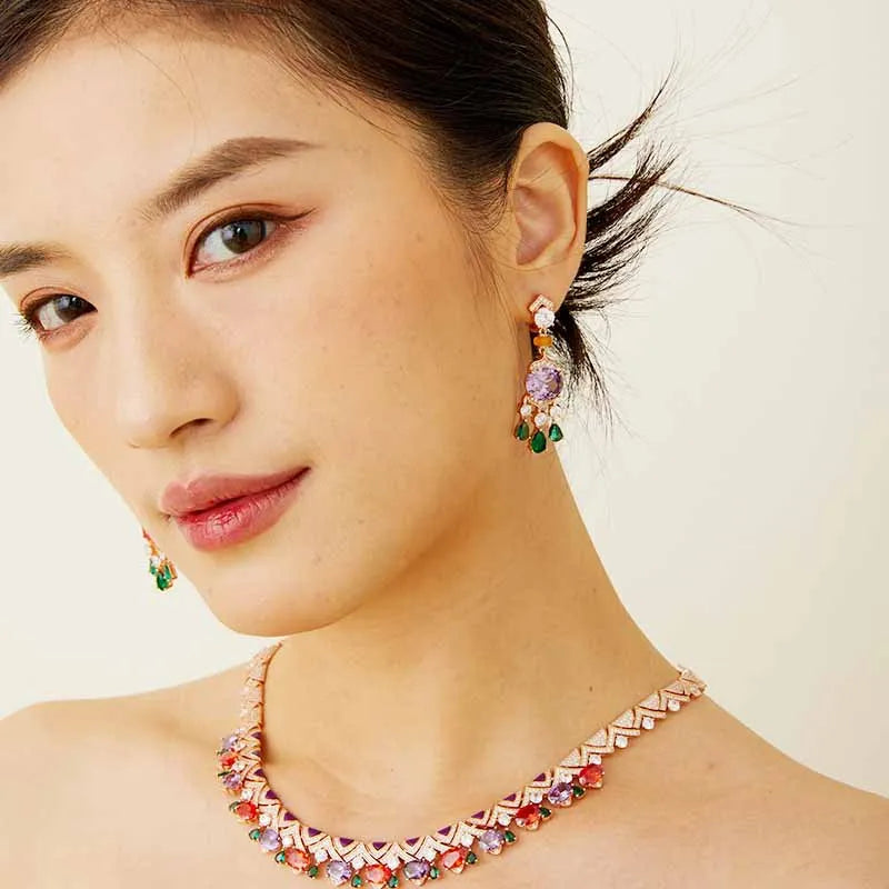 High-End 18K Gold Orange Purple Plated Brass Necklace Irregular Triangular Design Classic Dress Collarbone Anniversary