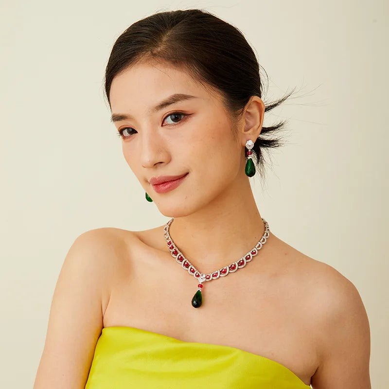 Trendy Crystal Water Necklace with Exquisite Rhodium-Plated Goddess Design Brass Pendant Green Water Droplet for Grandmothers