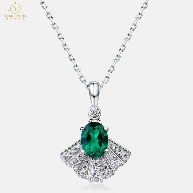 European American Retro Fashion Necklace S925 Silver Cultivated Emerald Cross-Border Small Fan-Shape Clavicle Chain New Luxury
