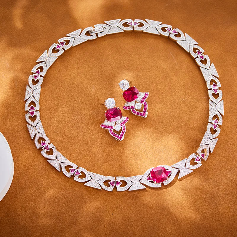 Fashionable High-End Rhodium Plated Ruby Necklace Dazzling Brass Material with Zircon Main Stone Trendy Collarbone Chain