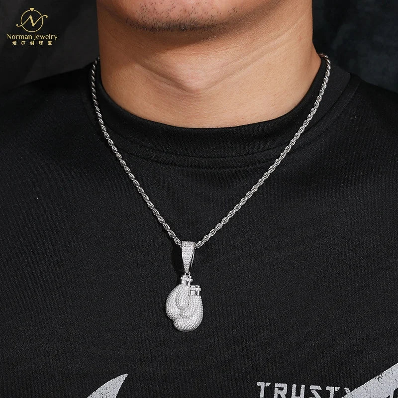 S925 Silver Inlaid Moissanite Pendant Unisex Boxing Gloves Bamboo Chain High Quality European American Trendy Hip Hop Parties