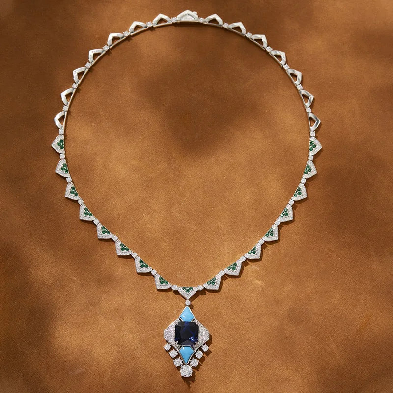 Luxurious Handmade Diamond Necklace Rhodium Plated Original Design Aquamarine Gemstone Collarbone Chain Weddings Red Carpet