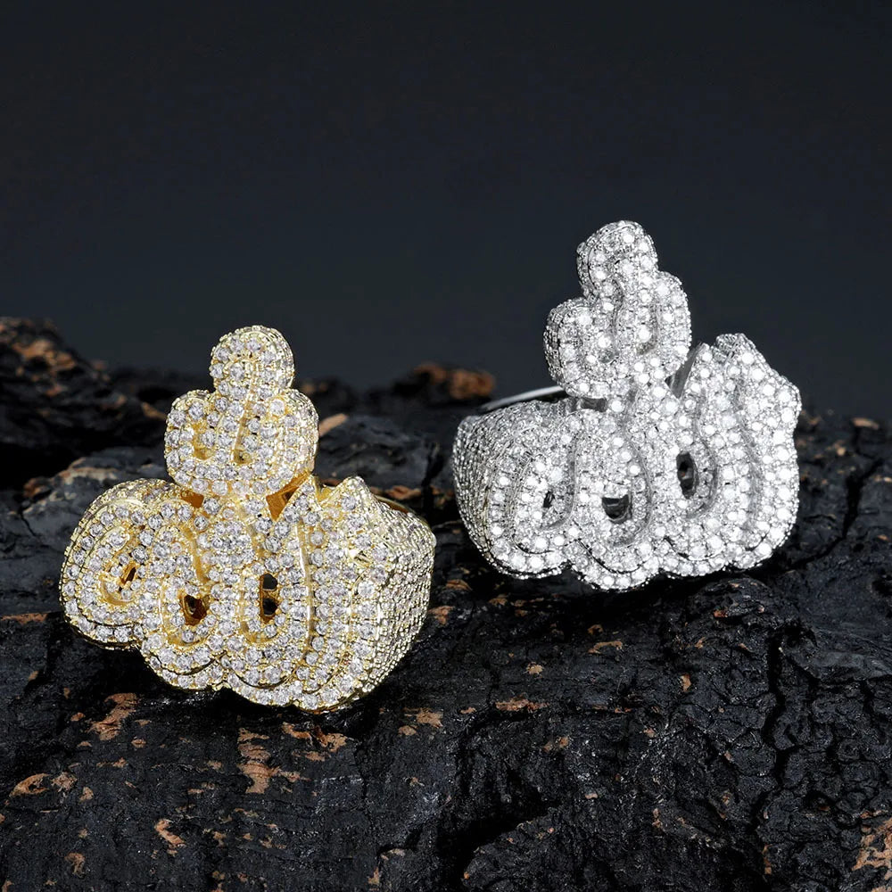Diamond Allah Fire Ring New Design Hip Hop Jewelry Silver & Gold Plated for Engagement & Party for Men & Women