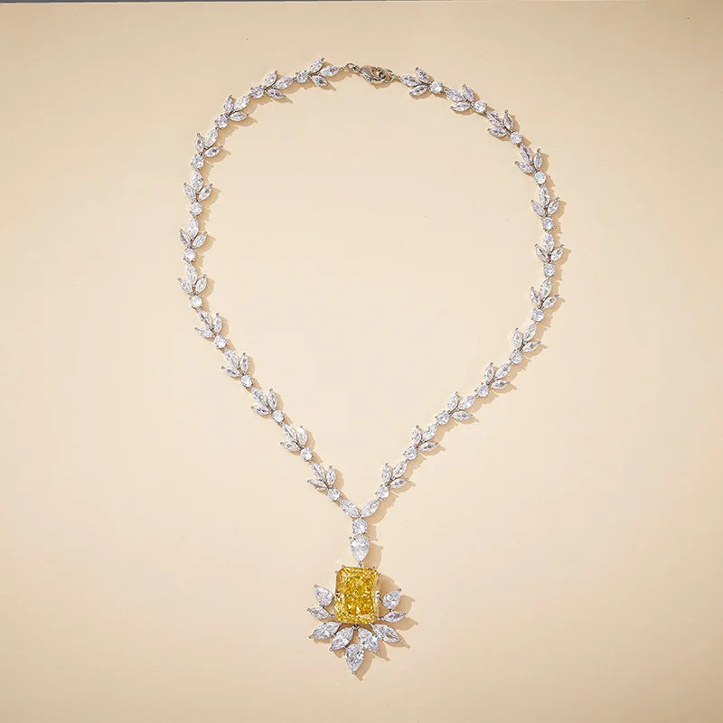 Brass Rhodium Geometric Flower Necklace for Women Latest Designs with Yellow Zircon Birthstone Stylish and Trendy for Parties