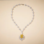 Brass Rhodium Geometric Flower Necklace for Women Latest Designs with Yellow Zircon Birthstone Stylish and Trendy for Parties