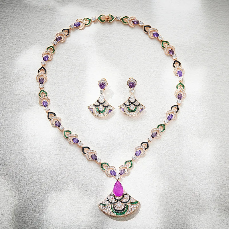 High-End Elegant Ladies Evening Dangle Earrings New Violet Fan-Shaped Gold-Plated Black Glaze for Foreign Trade Cross-Border