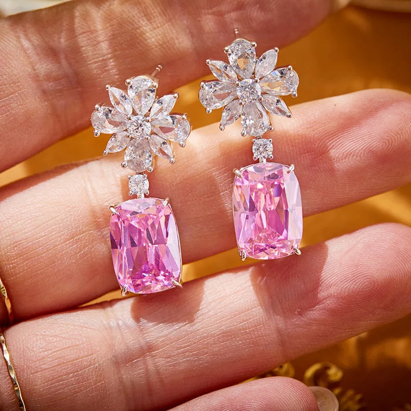 18K Gold-Plated Fine Dangle Earrings Gentle Pink/Yellow Square Diamond Geometric Petal Designs Stylish Atmospheric