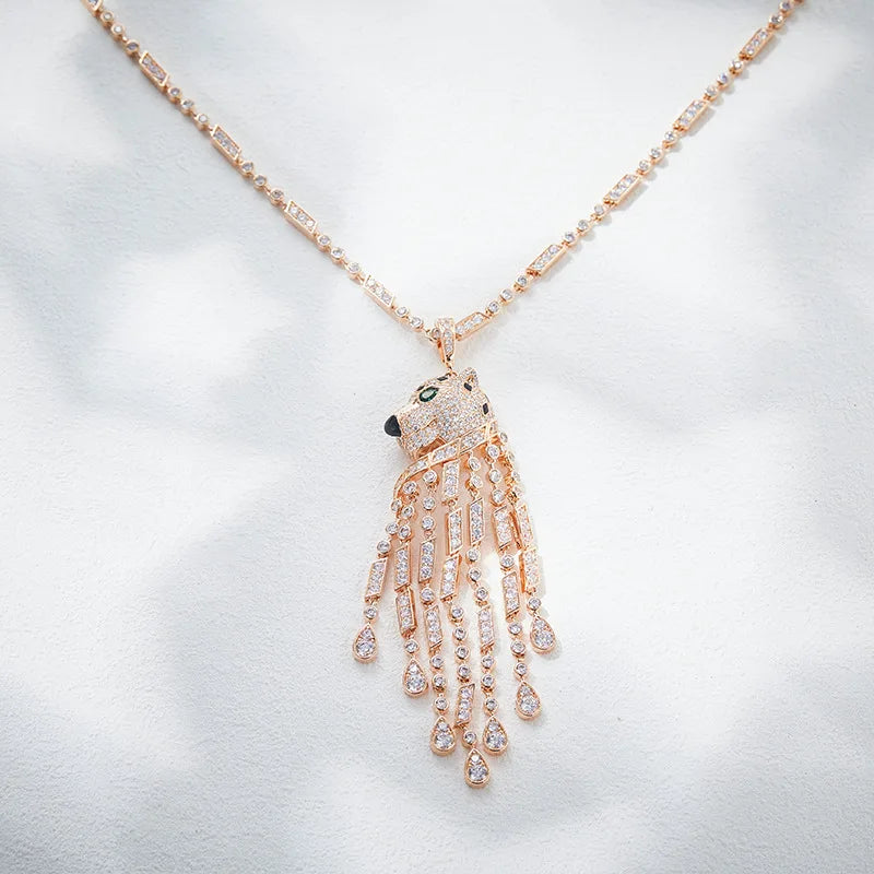 18K Gold-Plated Exquisite Pendant Necklace Zircon Heavy Industry Enamel Leopard Print Tassel Men's Women's Luxury Sweater Chain
