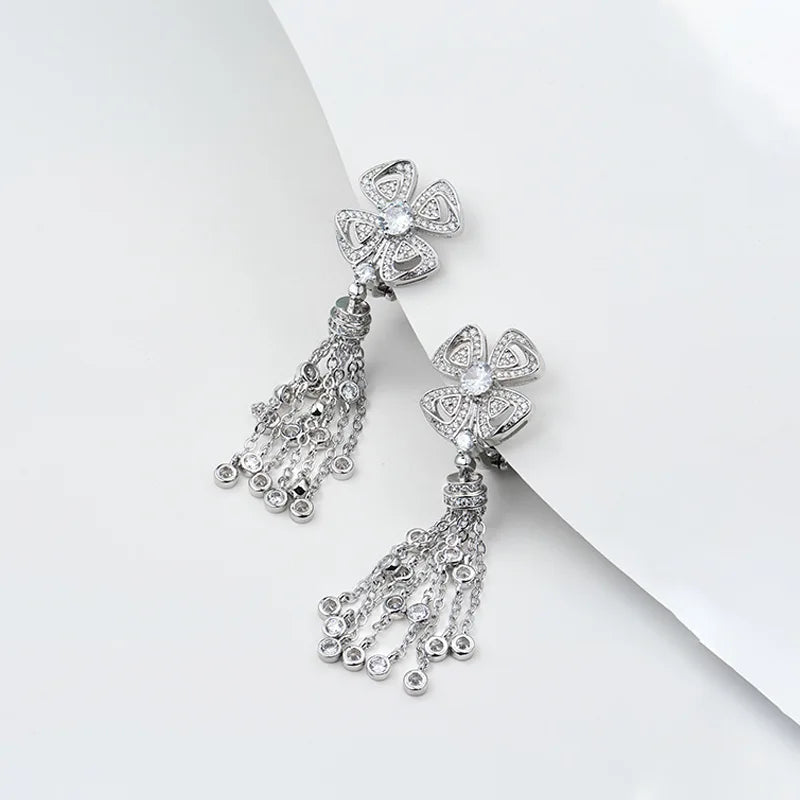 18K Gold Four-Flower Earrings with Full Zircon Inlay Trendy Wedding Attire for High-End Fashion Socialite Evening Parties