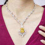 Brass Rhodium Geometric Flower Necklace for Women Latest Designs with Yellow Zircon Birthstone Stylish and Trendy for Parties