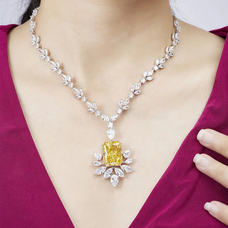Brass Rhodium Geometric Flower Necklace for Women Latest Designs with Yellow Zircon Birthstone Stylish and Trendy for Parties