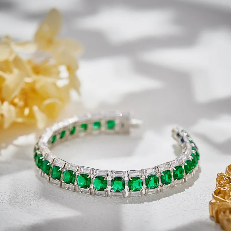 Forest Style Sterling Silver Simple Single Row Full Diamond Green Spinel Tennis Chain Bracelet