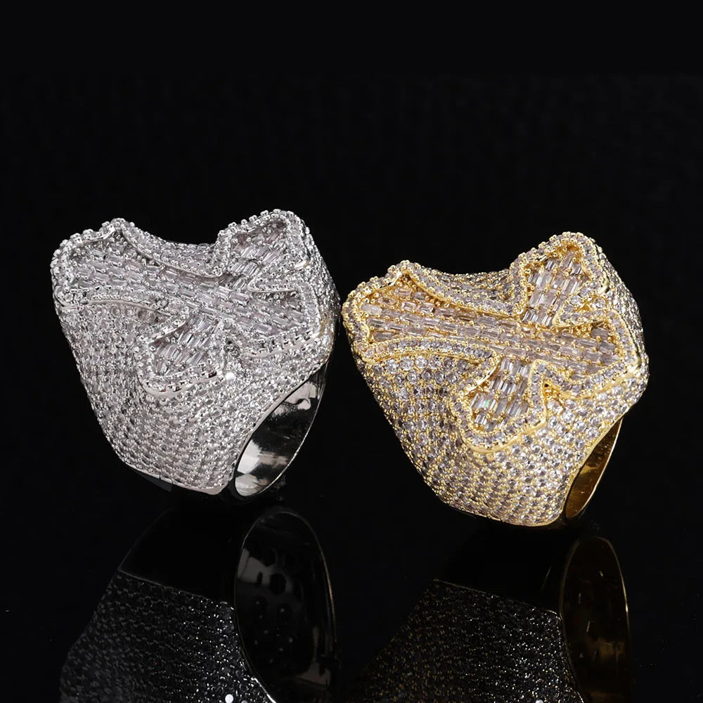 Fashion Jewelry Iced Out Diamond Crass Ring Full Pave Shiny Zircon Silver Cross Ring for Men and Women's Gift Hip Hop Jewelry