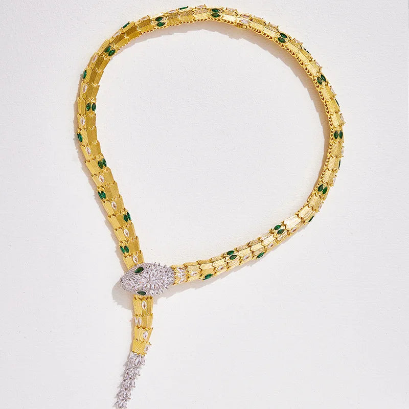 45Cm Gold Women Necklace Serpentine Green Zircon Fine Jewelry Necklaces for Ladies