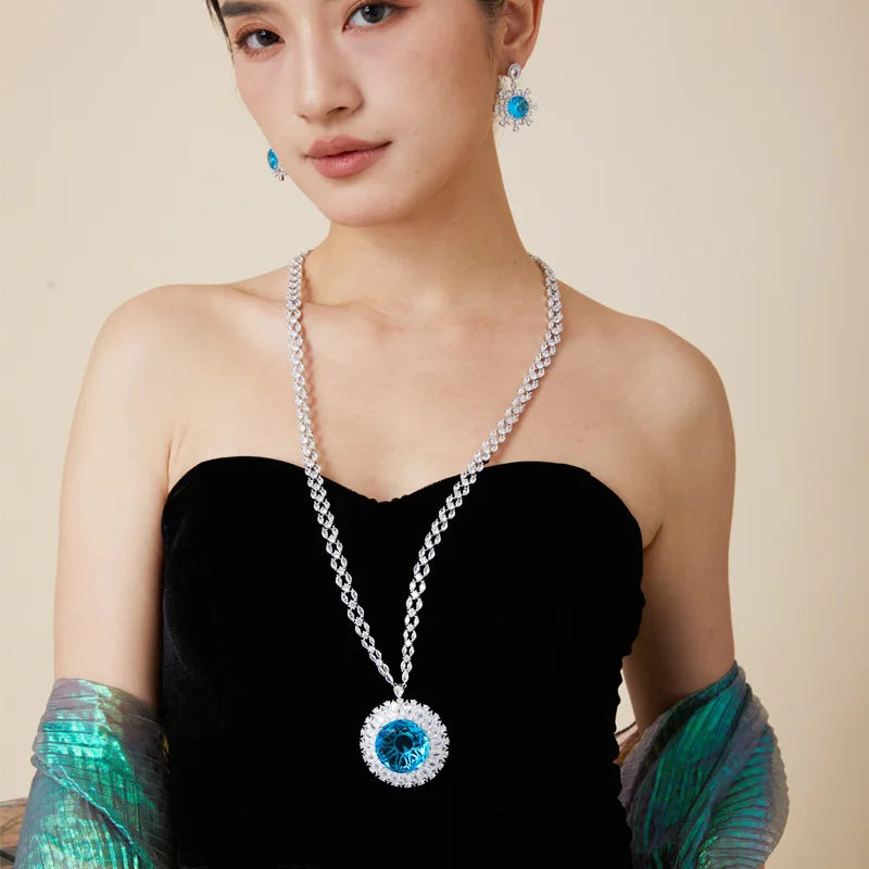 Rhodium Plated Navy Blue Grand Exaggerated Design Treasure Long Necklace Trendy Zircon Inlay for Men Women's Party Mainly Made