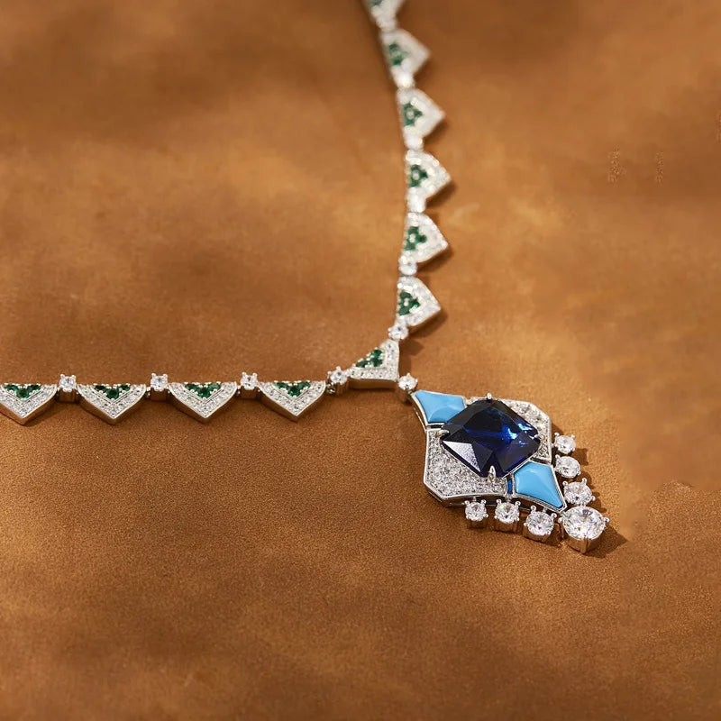 Luxurious Handmade Diamond Necklace Rhodium Plated Original Design Aquamarine Gemstone Collarbone Chain Weddings Red Carpet