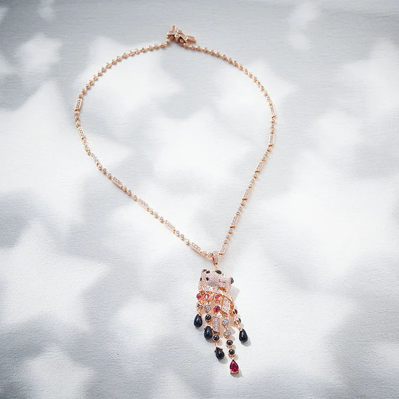 Women's Versatile Trendy Jewelry with Personalized Leopard Design Black Enamel on Brass Champagne & Rhodium Plated Sweater Chain