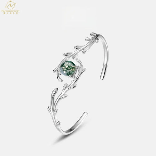 2023 Trendy Luxury S925 Sterling Silver Bracelet Children Green Moss Stone Aquatic Agate Fine Bangle Cross-Border New