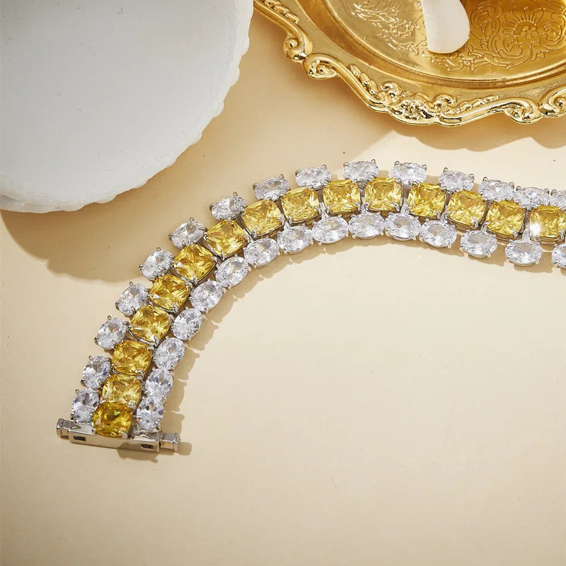 Luxury Large Zircon Pillow Shaped Yellow Zircon Tassel Design Bracelet Rhodium-plated Fashionable High-end Jewelry