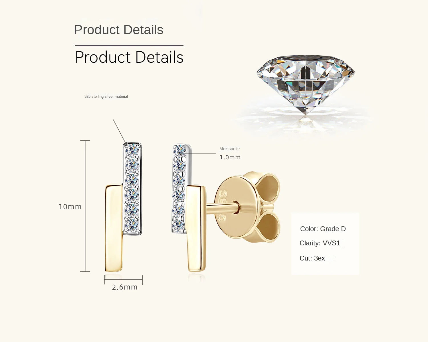 Fashion INS Style One-Word Moissanite Stud Earrings New Trendy Simple Minimalist Design S925 Sterling Silver with Gold Plating