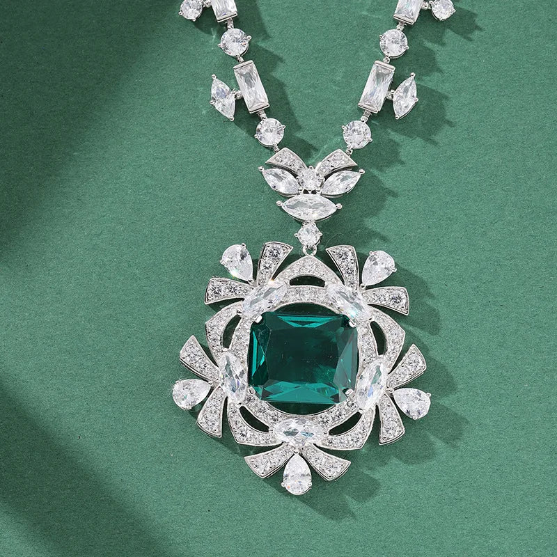 Rhodium Plated Fine Pendant Necklace Exquisite Fan-Shape with Handmade Zircon Inlay Elegant Charm for Weddings Banquets Parties