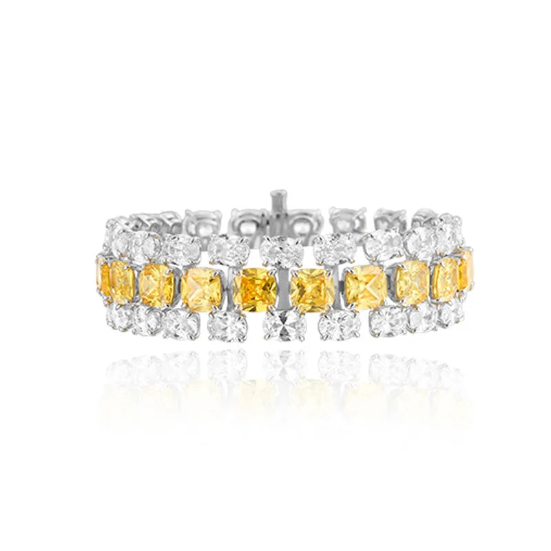 Luxury Large Zircon Pillow Shaped Yellow Zircon Tassel Design Bracelet Rhodium-plated Fashionable High-end Jewelry