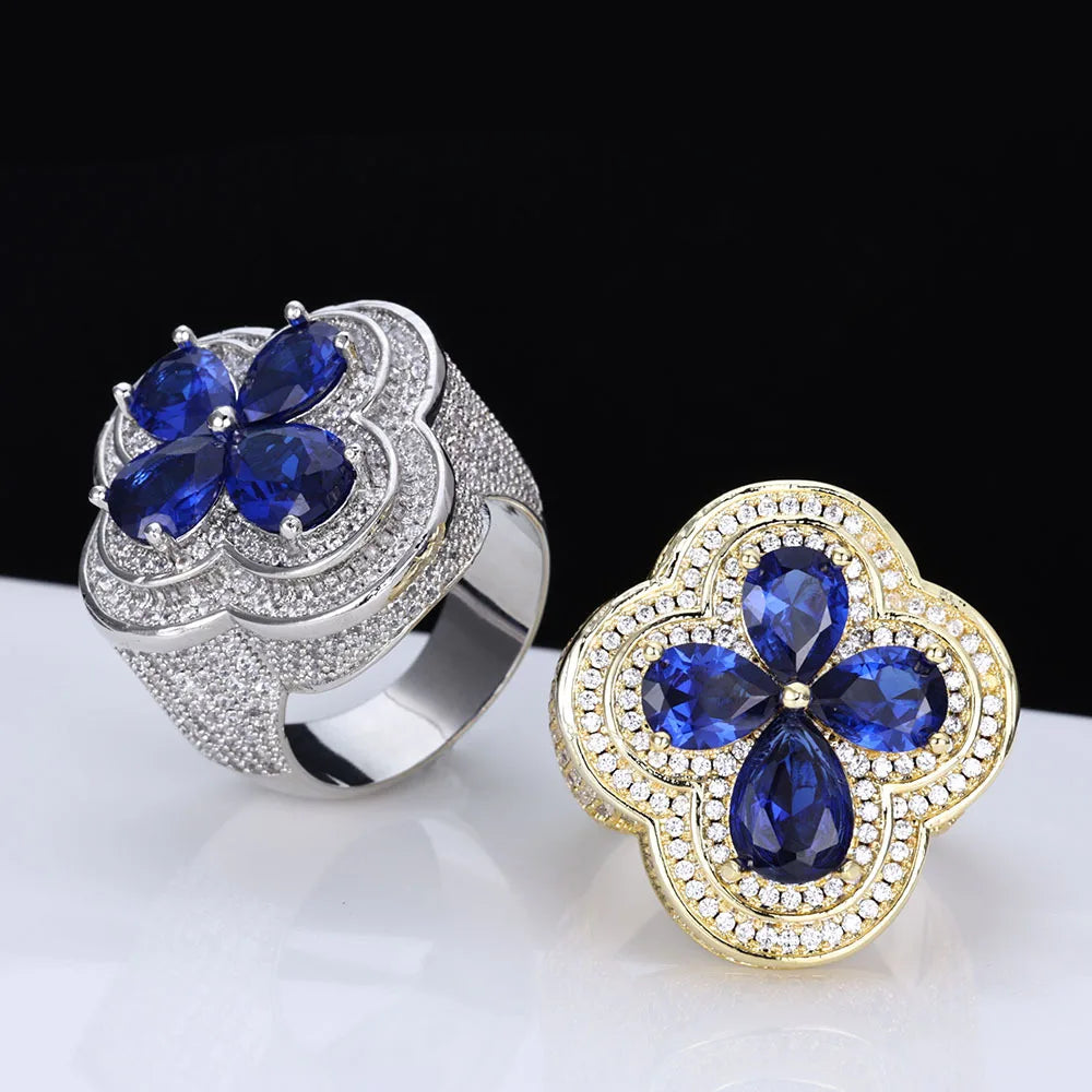 Blue Gemstone Flower Shape Rings White Gold Plated Hip Hop Style Iced Four Leaf Diamond Ring for Women Made Brass for Engagement