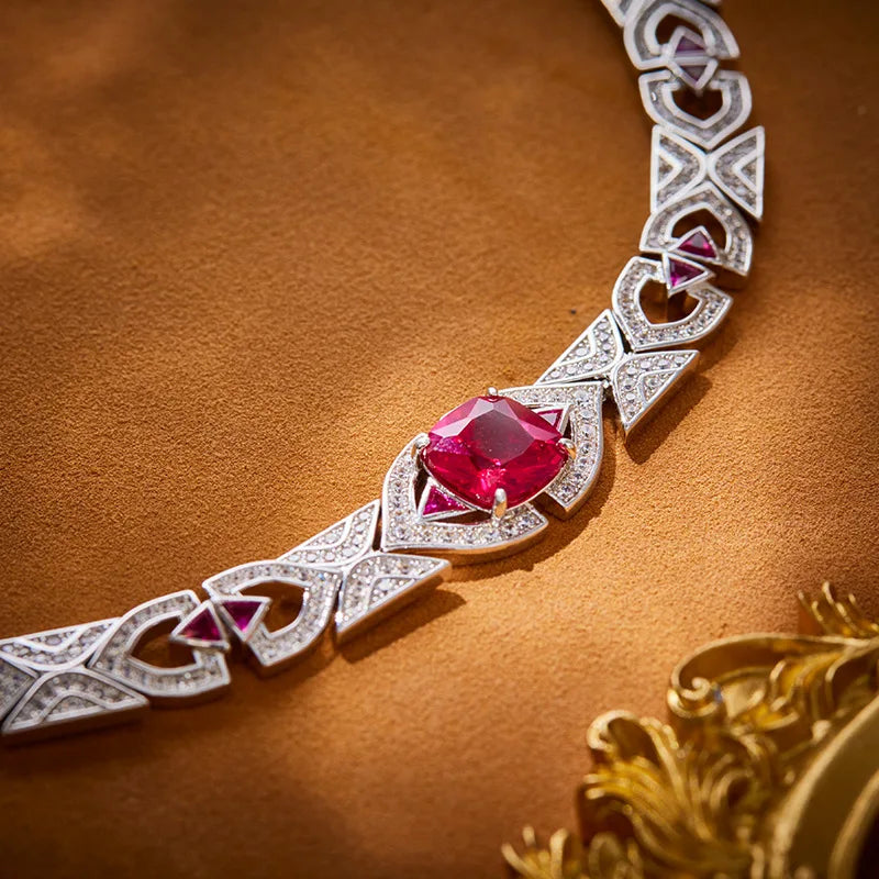 Fashionable High-End Rhodium Plated Ruby Necklace Dazzling Brass Material with Zircon Main Stone Trendy Collarbone Chain