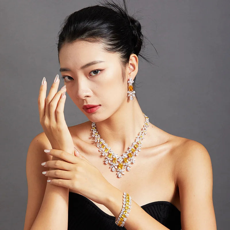 Fashion Handmade 18K White Gold Plated Jewelry Luxury Yellow Diamond Stud Earrings for Women