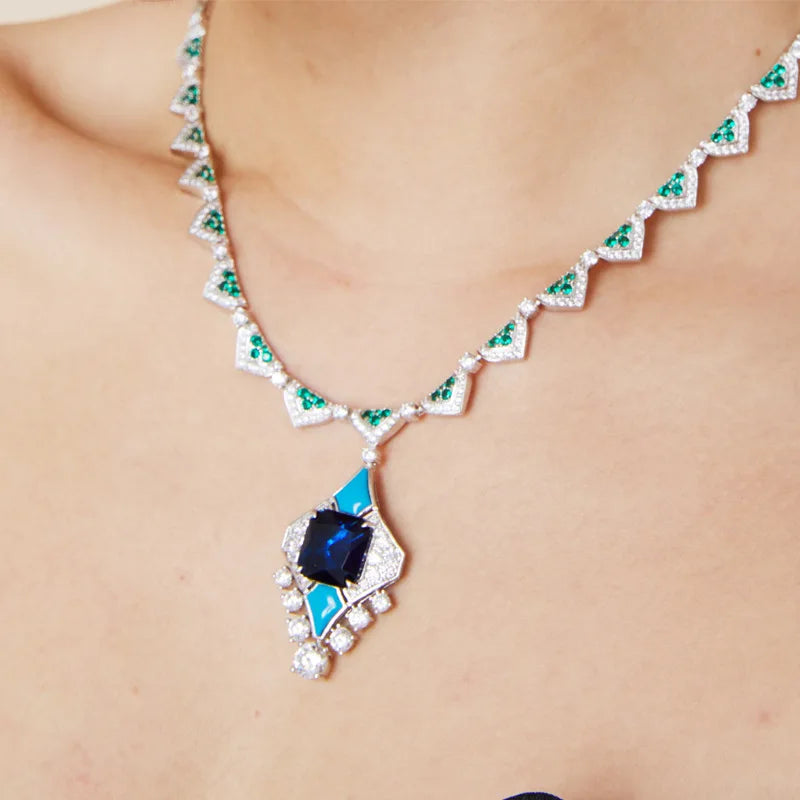 Luxurious Handmade Diamond Necklace Rhodium Plated Original Design Aquamarine Gemstone Collarbone Chain Weddings Red Carpet