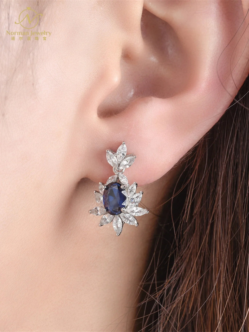 Luxury Gemstone Jewelry White Gold Natural Unheated Cornflower Sapphire Wedding Earrings