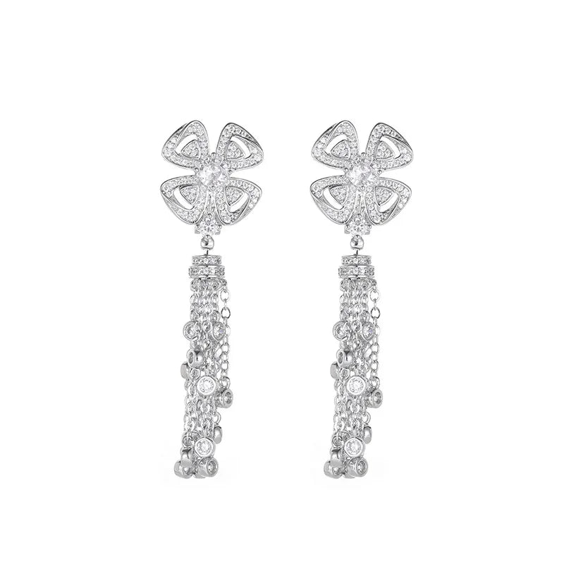 18K Gold Four-Flower Earrings with Full Zircon Inlay Trendy Wedding Attire for High-End Fashion Socialite Evening Parties