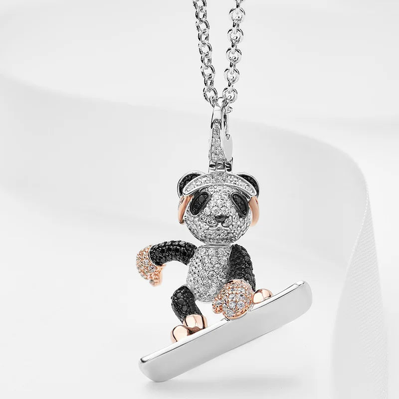 Creative Personality 3D Stereoscopic Red Panda Pendant Necklace Brass Skateboard Bear in Trendy Hip-Hop Style for Parties