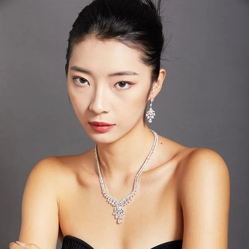 Rhodium Private Custom Fashionable Women's Marquise Shaped Zircon Necklace with a Luxurious Design and Collarbone Chain