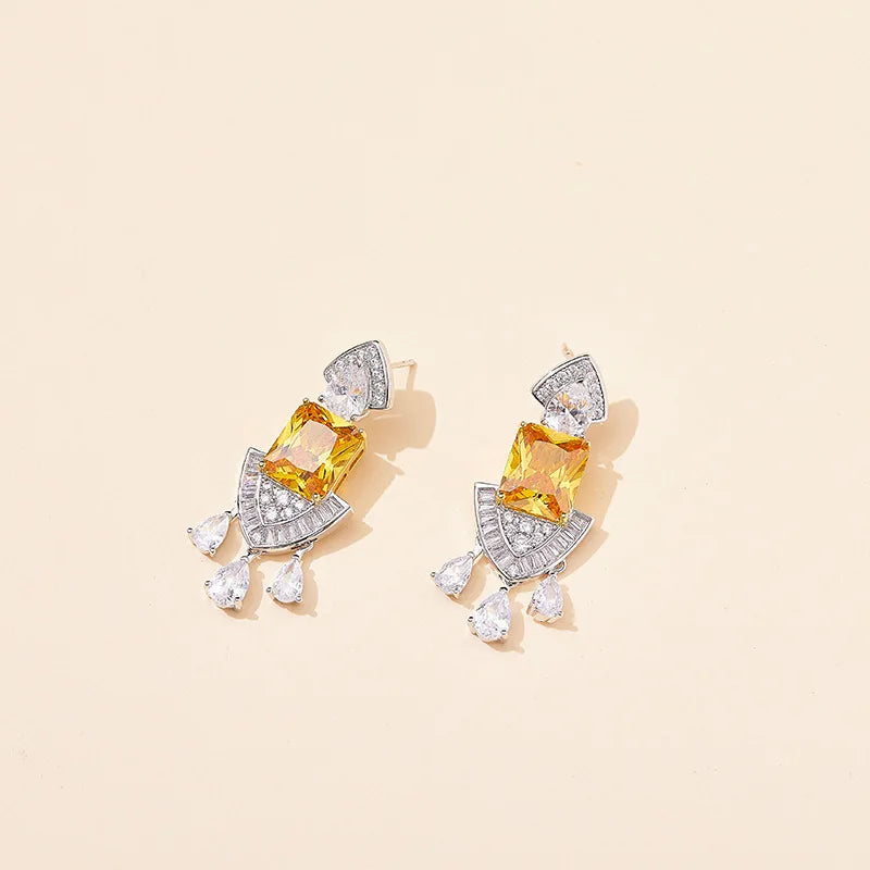 Factory-Designed High-End Yellow Tassel Earrings with Zircon Pearl Diamond Gold Plated on Luxurious Classic Brass for Gifts