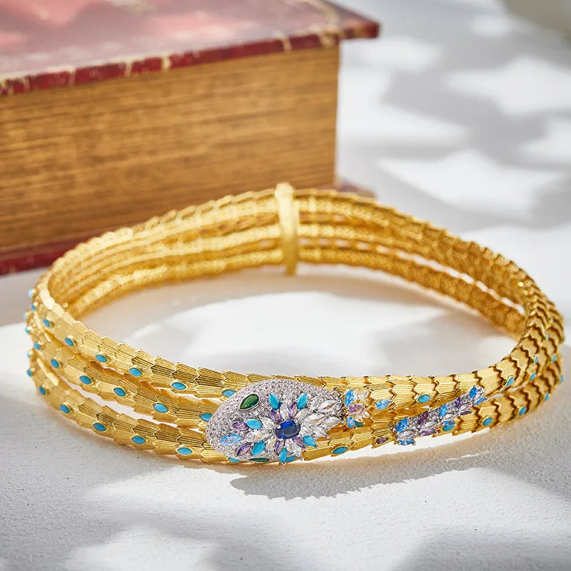 18K Gold Blue Three-Layer Princess Snake Pendant Necklace Luxury Unisex Wedding Engagement Accessory Trendy Brass Zircon Banquet